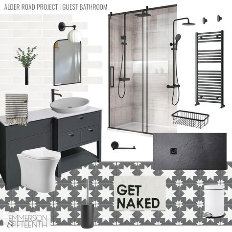 Small Bathroom Mood Board, Dark Bathroom Mood Board, Bathroom Remodel Mood Board, Black And White Bathroom Mood Board, Grey Bathroom Mood Board, Small Bathroom Black, Black White Interior Design, Small Family Bathroom, Bathroom Black White