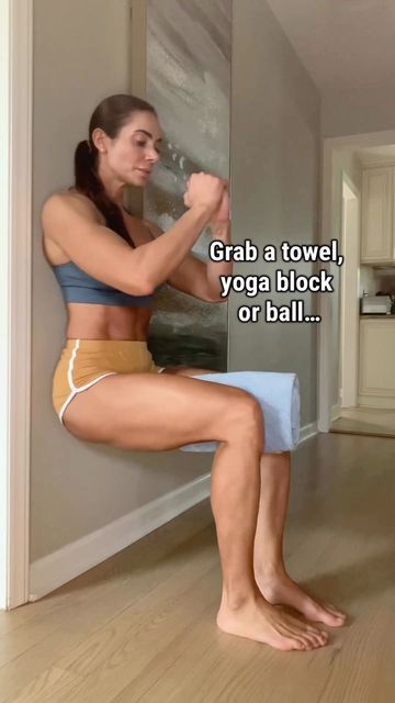 Home Workout Ideas on Instagram: "SAVE this INNER and OUTER thigh BURN from @sandysklarxfit 🔥 Deets : 1️⃣ Wall sit with adduction (INNER THIGHS): Roll up a towel, use a yoga block or a small ball and place between your thighs. Squeeze for 30-60 seconds. 2️⃣ Wall sit with abduction (OUTER THIGH): Grab a booty band or long loop band and place just above knee. Move knees outward, slowly for 30-60 seconds. ▶️ Rest 1 minute. 🔁 Try 4 sets! #legworkout #quads #glutes #hamstrings #squat #homeworkout Wall Sit Exercise, Knee Fat, Thighs Workout, Wall Sit, Outer Thigh, 12 Minute Workout, Tone Thighs, Lower Back Pain Exercises, Daily Exercise Routines