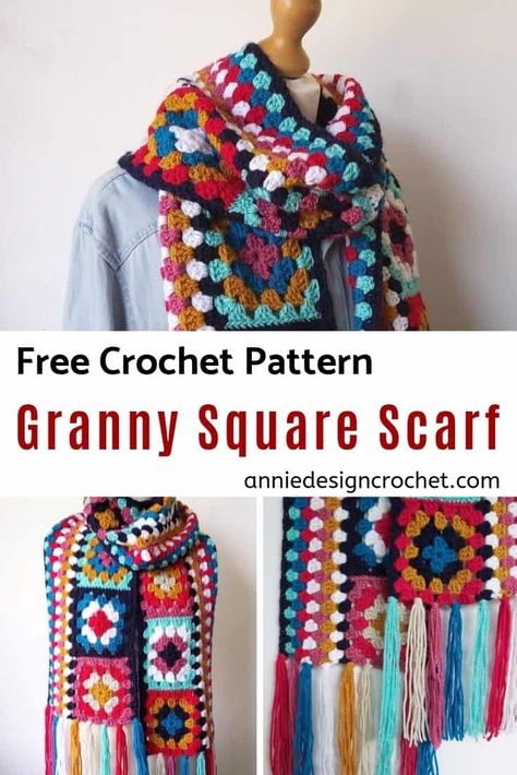 Crochet Granny Square Scarf - Easy Free Pattern - Annie Design Crochet Granny Square Scarves, Crochet Granny Square Scarf Pattern Free, Crochet Granny Square Scarf, Granny Scarf, Granny Square Scarf, Retro Crochet, Sunburst Granny Square, Granny Square Haken, Squares Crochet