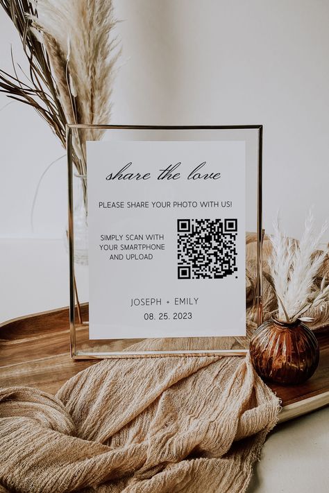 Wedding QR Code Sign Template | Share the Love QR code Sign | Modern Wedding Sign | QR Code Sign | Wedding Sign| Editable Template | Instant Download by pristinedesignprints Love Qr Code, Wedding Qr Code, Modern Wedding Reception, Qr Code Sign, Qr Code Wedding, Welcome Table, Qr Code Generator, Social Media Signs, Reception Signs