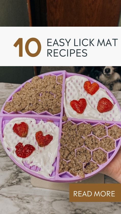 Easy beginner lick mat dog enrichment ideas Bison Dog Treats, Diy Lick Bowl For Dogs, Easy Lick Mat Recipes, Dog Frozen Lick Mat, Lick Mat Recipes For Puppy, Dog Enrichment Lick Mat, Pet Lick Mat Recipes, Food Enrichment For Dogs, Dog Lick Pad Recipes