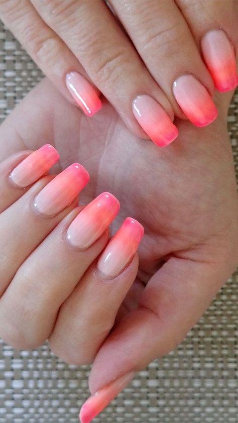 Ombre Pink Nails with gel polish Ombre Nails Coral And White, Coral Pink Ombre Nails, Coral And White Ombre Nails, Ombre Coral Nails, Dark Pink Ombre Nails, Coral Ombre Nails Summer, Bright Ombre Nails Summer, Pink And Coral Nails, Bright Ombre Nails