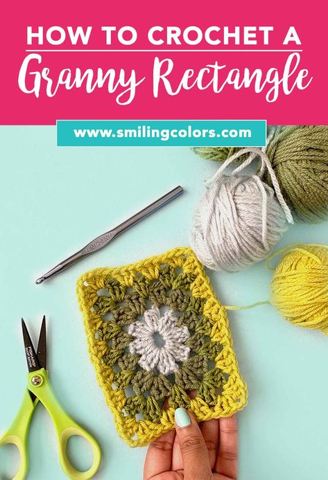 How to crochet a Granny Rectangle step by step - Smiling Colors Solid Granny Rectangle Pattern, Granny Circle Pattern, Rectangle Granny Square Pattern, Granny Rectangle Pattern, Basic Granny Square Pattern, Granny Circle, Granny Rectangle, Basic Granny Square, Yarn Stitches