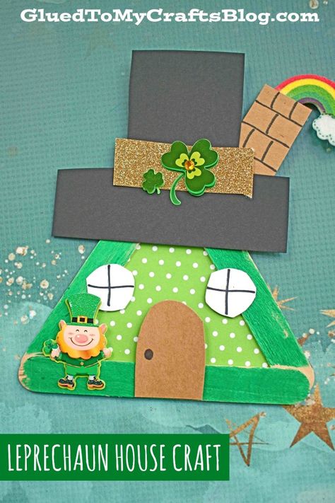 Leprechaun House, Indoor Kids Crafts, Popsicle Stick House, Stick House, Seasons Preschool, Leprechaun Craft, Popsicle Stick Houses, Preschool Stem, House Craft