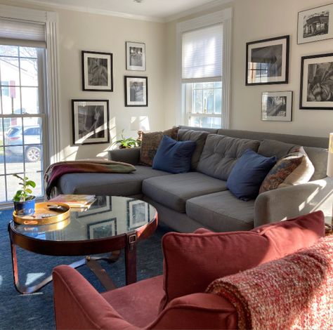 Grey Blue Red Living Room, Red And Blue Living Room, Yellow Gray Room, Blue Accents Living Room, Grey Room Decor, Dark Grey Couch Living Room, Erin Davis, Dark Grey Couches, Cozy Family Room