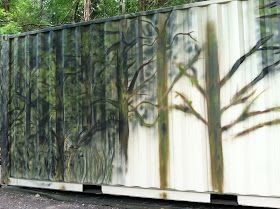 Duff Clothing: TRUE CAMO ON SHIPPING CONTAINER Painting A Shipping Container, Shipping Container Painting Ideas, Painted Shipping Containers, Painted Shipping Containers Mural, Houses Canada, Container House Ideas, Shipping Container Sheds, Sea Containers, Tank Art