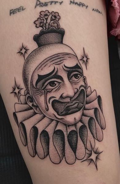 Emmett Kelly Clown Tattoo, Hobo Clown Tattoo, Joker Traditional Tattoo, Old School Clown Tattoo, Rodeo Clown Tattoo, American Traditional Clown Tattoo, Clown Tattoo Traditional, Clown Traditional Tattoo, American Traditional Clown