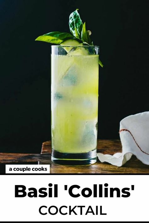 This refreshing basil cocktail is a summery spin on the Tom Collins! It's tart and bubbly, with fresh herbs and cucumber. #basil #cocktail #basilcocktail #herbs #cucumberbasilcocktail Dinner Party Drinks Cocktails, Cucumber Collins, Dinner Party Drinks, Friday Cocktails, Basil Cocktail, Vodka Collins, Cucumber Basil, Cucumber Margarita, Cucumber Cocktail