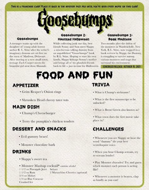 Horror Movie And Dinner, Monster House Themed Dinner, Goosebumps Movie Night, Horror Movie And Dinner Theme, Horror Movie Themed Dinner, Halloween Movie Dinner Theme, Halloween Movie Menu Ideas, Movie Theme Dinners, Halloween Movie Themed Dinner