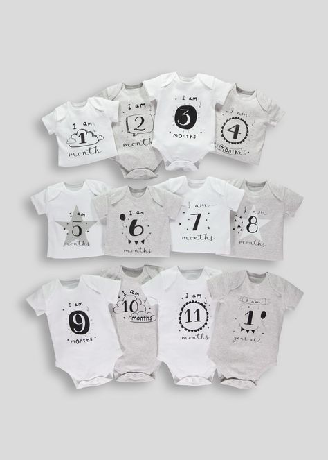 Celebrate your baby’s first year with these adorable milestone bodysuits. Constructed in pure cotton for maximum comfort, this super sweet set features... Man Wardrobe, 12 Month Milestones, Funny Baby Shower Gifts, Baby Clothes Sale, Baby Monthly Milestones, Blanket Ideas, Baby Boy Onesies, Toddler Age, Fashionable Baby Clothes