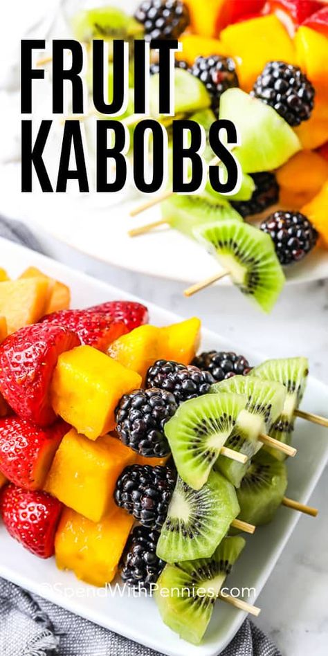 A rainbow fruit kabob recipe is the perfect make-ahead appetizer for any summer party! Made with seven different fresh fruits and served with a simple fruit dip it is the perfect snack. #spendwithpennies #fruitkabobs #fruitskewers #summerrecipes #snack #dessert #appetizer Simple Fruit Dip, Rainbow Fruit Kabobs, Fruit Kabob, Fruit Kebabs, Fruit Appetizers, Fruit Platter Designs, Summer Salads With Fruit, Fruit Skewers, Fruit Kabobs