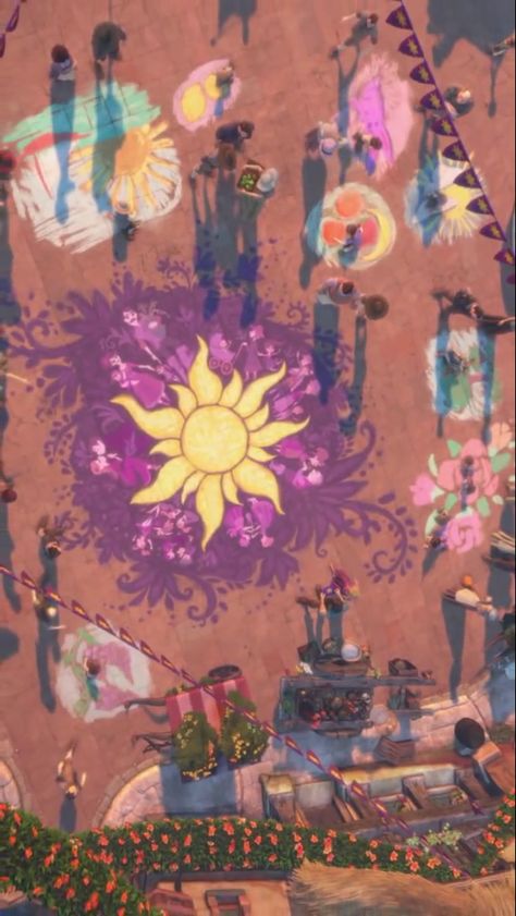 Rapunzel's chalk drawing Tangled Sun, Drawing Dance, Tangled Flower, Town Drawing, Tangled Wallpaper, Tangled Disney, Tangled Lights, Dance Wallpaper, Disney Canvas Art