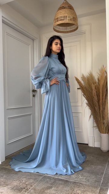 Engagement Modest Dress, Halal Prom Dresses Ball Gowns, Engagement Dress For Hijab, Hijab Evening Dress Simple, Blue Long Sleeve Evening Dress, Dresses Hijab Party, Hijab Dress Party Engagement, Elegant Modest Dresses, Simple Hijab Dress