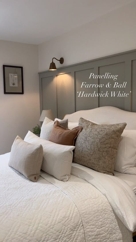 Bedroom Ideas New Build, Panelled Walls In Bedroom, No Light In Bedroom, Guest Bedroom Paneling, Neutral Wall Bedroom, Neutral Panelled Bedroom, Bedroom Decor Paneling, Mushroom Bedroom Colour, Wall Panelling Colours