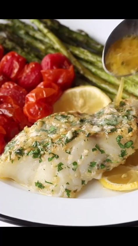 Garlic Butter Baked Cod #recipesideas #bakedcod #bakedcod #fishrecipes #lowcarbrecipes #yummyfood #recipeoftheday c:Budget Bytes | Cozy Kitchen | Cozy Kitchen · Original audio Garlic Butter Baked Cod, Garlic Butter Cod, Butter Baked Cod, Butter Cod, Asparagus And Tomatoes, Cooked Shrimp Recipes, Kitchen Cozy, Lobster Dishes, Baked Fish Recipes