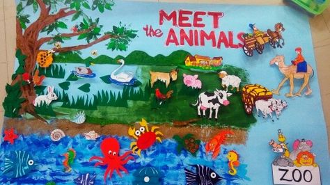 Meet the Animals Animals Bulletin Board Preschool, Animal Theme Bulletin Board Ideas, Weather Bulletin Board, Diwali Board, Animals And Their Homes, Animal Homes, Kindergarten Bulletin Boards, Bee Activities, Theme Board