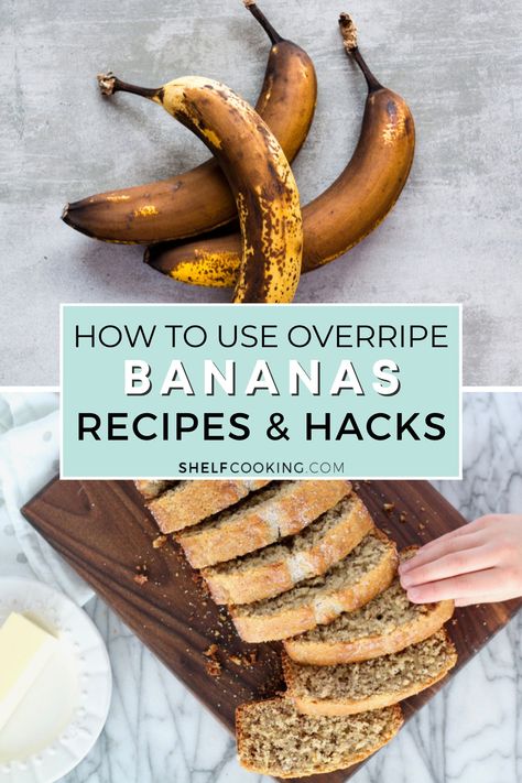 Learn all the possibilities that overripe bananas hold and never waste good fruit again. We've got recipes, ripe banana hacks and so much more you don't want to miss! Banana Hacks, Flourless Banana Muffins, Two Ingredient Pancakes, Bananas Recipes, Shelf Cooking, Banana Recipes Overripe, Family Meal Prep, Tasty Bread Recipe, Baking Substitutes