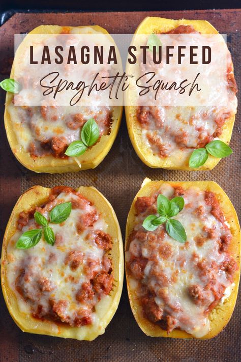 This Lasagna Stuffed Spaghetti Squash is the perfect way to add more veggies to your diet. The noodle-like squash is stuffed with a hearty meat sauce and plenty of cheese, and baked to perfection! Baked Chicken And Squash Recipes, Chicken And Squash Recipes, Spaghetti Squash Lasagna Boats, Chicken And Squash, Lasagna Boats, Buffalo Chicken Pasta Salad, Stuffed Spaghetti Squash, Pumpkin Recipes Dinner, Spaghetti Squash Lasagna