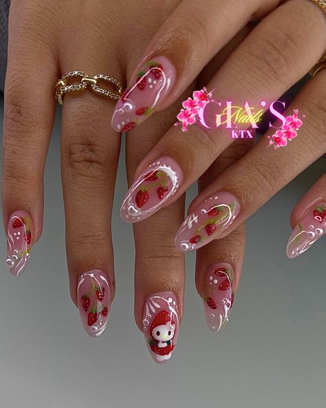 Hand painted hello kitty as a strawberry !?! 🍓 These are TEW CUTE 🥰 #hellokittynails #hellokittystrawberries #hellokittystrawberrynails #kylenailtech #kyletexas #kyletexassanmarcos #sanmarcos #budatexas #budanails #kylenails #sanmarcosnails #austintexasnails #texasnails #nailsinkyle #beginnernailtech #marblenails💅 #nailtutorials #tiktoknails #ombrenailtutorial #nailsoftheday #texasnailtech #nailsinaustin #southaustinnails #nailsontiktok Hello Kitty Strawberry Nails, Ombre Nails Tutorial, Hello Kitty Strawberry, Strawberry Nails, Texas Nails, Berry Nails, Spooky Nails, Nail Store, Hard Gel Nails