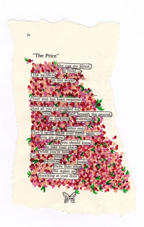 "The price"- Painted this on a page from a poetry book. By myself Brooklyn Watt. Blackout Poetry Art, Poema Visual, Blackout Poems, Found Poetry, Poetry Ideas, Book Page Art, Blackout Poetry, Altered Book Art, Poetry Art