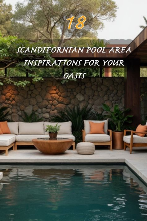 I absolutely love how this Scandinavian-inspired pool area combines comfort and style! The mix of neutral tones with pops of orange creates a warm and inviting atmosphere. Imagine lounging by the pool on those chic sofas, surrounded by lush greenery. This space perfectly captures the essence of relaxation and tranquility, making it an ideal oasis for summer gatherings or quiet evenings. Pool Lounge Area Ideas, Japandi Pool, Pool Deck Decorating Ideas Seating Areas, Pool Furniture Ideas Layout, Pool Seating Ideas, Pool Area Ideas, Japandi Dining Room, Pool Seating, Chic Sofa