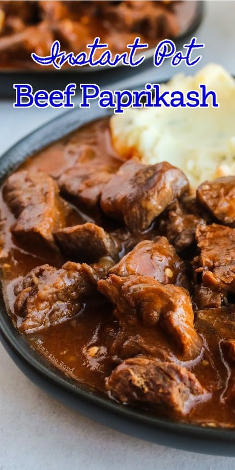 This Instant Pot Beef Paprikash is a quick and easy recipe that is packed with flavor, is oh-so-filling, and is certain to be a hit with your entire family! #dinner #maindish #stewmeat #hungarian #hungarianbeefgoulash #beefpaprika #paprika #quick #instapot #instantpotmeal #recipe #numstheword #beefpaprikash #paprikash Beef Paprika Recipe, Beef Paprika, Crock Pot Beef Tips, Instant Pot Stew, Beef Stew Meat Recipes, Paprika Recipes, Multi Cooker Recipes, Crock Pot Beef, Over Mashed Potatoes