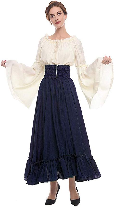 Amazon.com: ROLECOS Womens Renaissance Medieval Costume Trumpet Sleeve Peasant Shirt and Skirt: Clothing Witch Dress Pattern, Witch Dress Medieval, Medieval Wedding Dress, Plus Size Ball Gown, Dress Medieval, Irish Dress, Victorian Skirt, Shirt And Skirt, Medieval Wedding