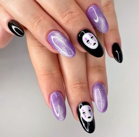 Nail Art Designs Studio Ghibli, Anime Character Nail Art, No Face Nail Art, Studio Ghibli Nails Acrylic, Studio Ghibli Nail Art Simple, Ghibli Nails Acrylic, Studio Ghibli Nail Designs, Cute Character Nail Art, Ghibli Nail Designs