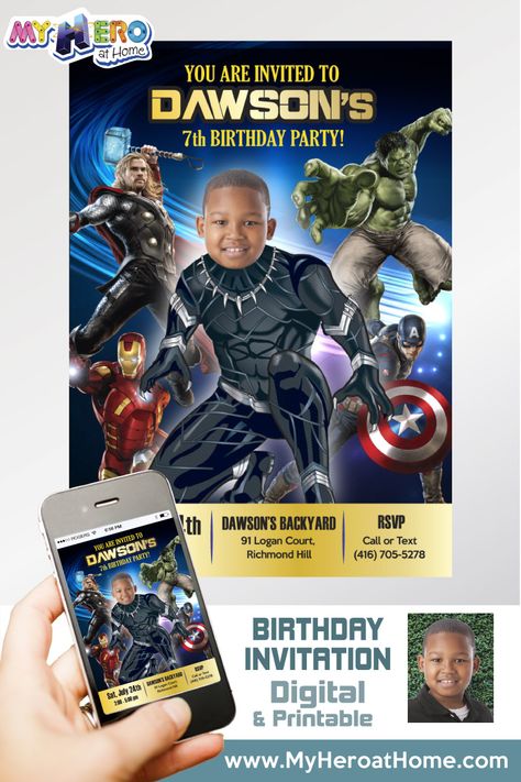 Black Panther Party Invitation, Avengers Birthday Invitation, Black Panther Birthday decoration, Black Panther digital invitation, Black Panther Bowling, Wakanda Forever theme party. Also in www.myheroathome.com #BlackPantherInvitation #BlackPantherParty #BlackPantherBirthday #BlackPantherDecor #BlackPantherFavorTags #BlackPantherDigitalInvitation #BlackPantherVirtual #WakandaForeverParty #BlackPantherAvengers #myheroathome Black Panther Theme, Black Panther Birthday, Dinosaur Party Invitations, Pirate Invitations, Football Invitations, Star Wars Invitations, Pool Party Birthday Invitations, Avengers Party, Custom Birthday Invitations