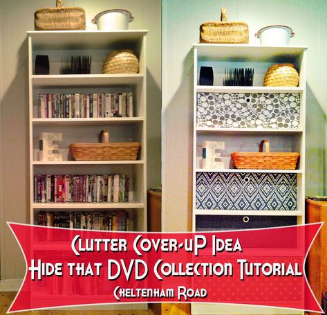 Clutter Cover Up  in Book cases !!Tutorial Cheltenham Road Bookshelf Cover, Shelf Makeover, Dvd Cases, Cube Furniture, Dvd Shelves, Shelf Cover, Open Bookshelves, Bookshelves Diy, Kitchen Nook