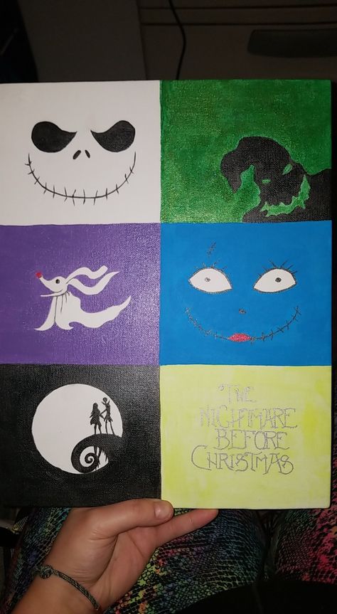 Tim Burton Painting Ideas Easy, Night Before Christmas Paintings, Nightmare Before Christmas Canvas Painting, Easy Nightmare Before Christmas Painting, Fall Canvas Painting Easy, Tim Burton Painting Ideas, Nightmare Before Christmas Canvas Art, Nightmare Before Christmas Painting Ideas, Coraline Canvas Painting