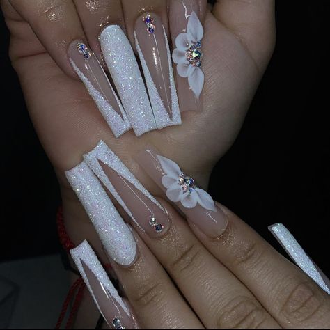 White Nails With Glitter And Gems, White Nails With Designs Medium Length, White Sugar Nails, White Bday Nails, White Glam Nails, Nails With Boyfriends Initials, White Nails With Rhinestones, Nails With 3d Flowers, Regular Nails