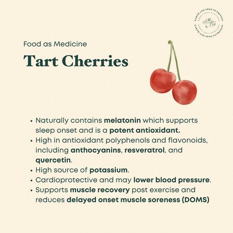 Tart cherries (or sour cherries) are great for sleep because of the melatonin they contain, but their therapeutic benefits don’t end there! Tart cherries, formally known as montmorency cherries, are a powerhouse of antioxidants 🍒 This means they can support a range of health conditions by reducing inflammation and oxidative stress, and by improving sleep. Foods that are high in polyphenols also support gut health by reducing inflammation in the gut and encouraging diversity in the gut mi... Cherry Meaning, Cherries Health Benefits, Tart Cherry Benefits, Health Benefits Of Cherries, Montmorency Cherry, Improving Sleep, Tart Cherries, Sour Cherries, Reducing Inflammation