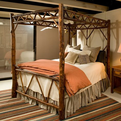 Hickory Bedroom Furniture, Log Canopy Bed, Mountain Modern Decor, Lodges Design, Lodge Design, Ski Lodge Decor, Log Bed, Black Forest Decor, The Black Forest