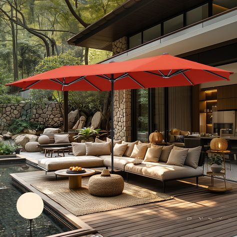 Stay cool and dry under the shade of our extra-large 13ft double-sided patio umbrella. Umbrella Patio Ideas, Umbrella Patio, Cozy Balcony, Outdoor Living Patio, Sun Umbrella, Shade Structure, Outdoor Store, Pool Ideas, Above Ground Pool