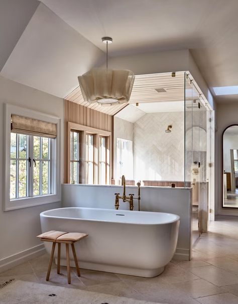 bathroom with free standing tub, shower, arched mirror Tub Styles, Southern Interior, Standing Tub, Bathroom Window Treatments, Clad Home, Built In Dresser, Cape Cod Style House, Standing Bath, Bathroom Windows