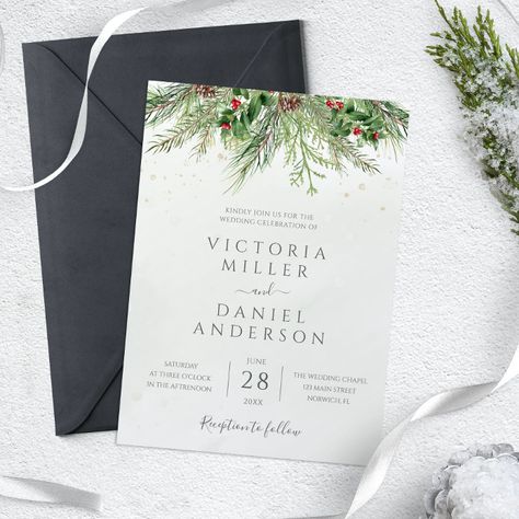 December Wedding Invitations, Leaf Calligraphy, Floral Antlers, Woodland Floral, Floral Foliage, Winter Greenery, Rsvp Wedding, Winter Berries, Wedding Watercolor