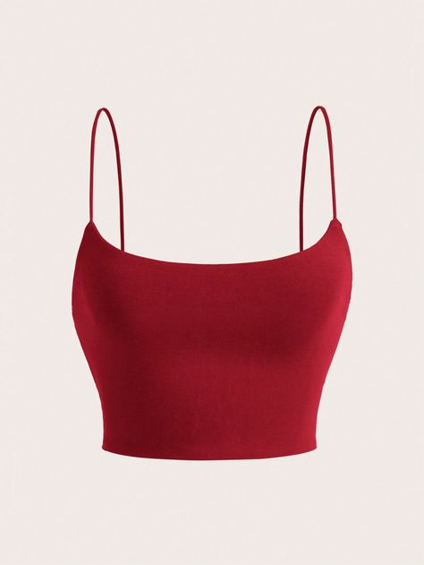 Women's Solid Color Cropped Knitted Cami Top Red Casual,Sexy   Knitted Fabric Plain Cami Slight Stretch Summer Women Clothing, size features are:Bust: ,Length: ,Sleeve Length: Red Cropped Top, Top Rojo, Shein Fits, Red Cami, Red Spaghetti, Red Tank Top, Red Crop Top, Spaghetti Strap Tank Top, Strappy Top