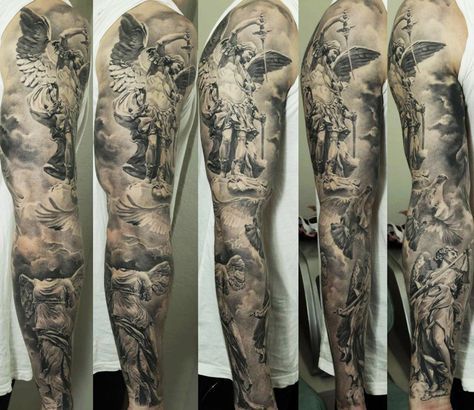 Realistic black and grey sleeve tattoo of Statuary motive by Dmitriy Samohin | Post 13770 | World Tattoo Gallery - Best place to Tattoo Arts Holy Tattoos, Girls With Sleeve Tattoos, Tato Lengan, Geniale Tattoos, Arm Sleeve Tattoos, Sleeves Ideas, Full Sleeve Tattoos, Best Sleeve Tattoos, Tattoos Designs