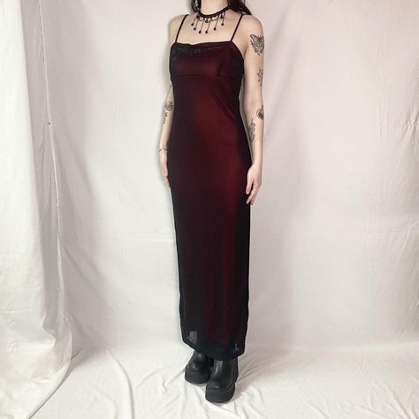 vintage vampy mesh overlay dress 

vintage late 90’s... - Depop Formal Slip Dress, Gothic Formal, Mesh Overlay Dress, Dark Fairy, Empire Waistline, Overlay Dress, Mesh Overlay, Burgundy Dress, Skirt Leather