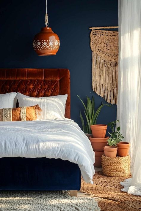 63 Stunning Navy Blue Bedroom Ideas (That Designers Love) Navy And Terracotta Bedroom, Bedroom Inspirations Navy, Blue And Terracotta Bedroom, Moody Blue Bedroom, Blue Bedroom Inspirations, Navy And Terracotta, Navy Blue Bedroom Ideas, Bed Decorative Pillows, Blue And Cream Bedroom