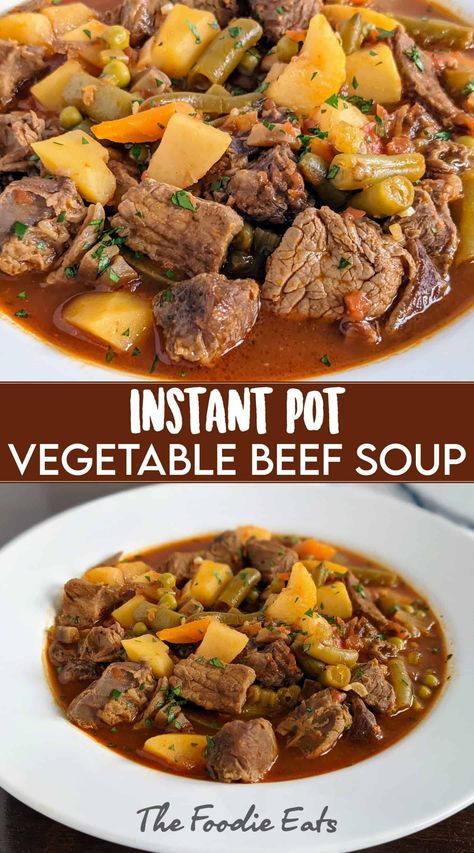 Instant Pot Vegetable Beef Soup Vegtebales Soup With Beef, Instant Pot Vegetable Beef Soup, Homemade Vegetable Beef Soup, Beef Soup Recipes, Vegetable Beef Soup, Potted Beef, Beef Stew Meat, Instant Pot Soup, Tender Beef