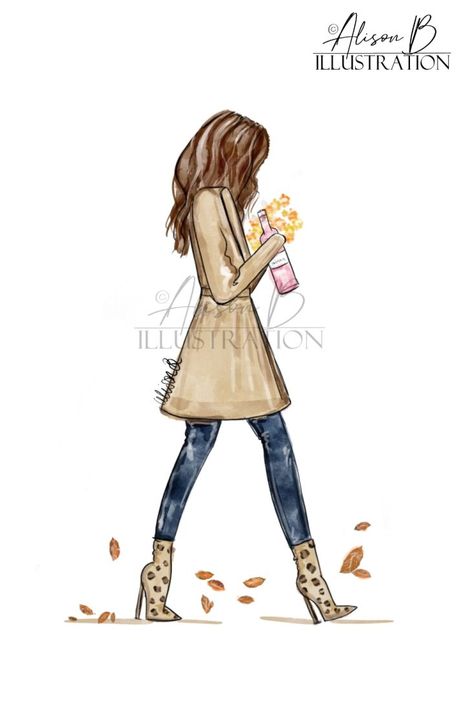 Friendsgiving themed art. Girl holding bottle of wine and flowers walking through Autumn leaves wearing leopard print boots. Her hair is brunette and shes wearing a trench coat. Wine And Flowers, Irish Fashion, Fall Style Guide, Autumn Illustration, Style Guru, Wedding Illustration, Irish Art, Fall Watercolor, Leaves Fall