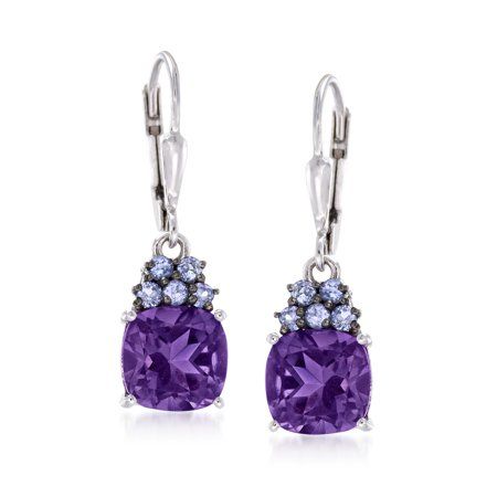 "Established in 1952, Ross-Simons presents contemporary styles with a timeless appeal. Revamp your style with the color of royalty. These drop earrings top 3.40 ct. t.w. cushion-cut amethysts with clusters of .30 ct. t.w. tanzanite rounds. Set in sterling silver. Black rhodiumed prongs enhance the color of the tanzanites. Hanging length is 1 1/8\". Leverback, tanzanite and purple amethyst drop earrings. Each Ross-Simons item arrives in a fine jewelry presentation box. Shop Ross-Simons jewelry ri Tanzanite Drop Earrings, Black Diamond Earrings Studs, Emerald Earrings Drop, Filigree Pendant Necklace, Amethyst Birthstone, Sapphire Necklace Pendants, Tanzanite Earrings, Emerald Earrings Studs, Amethyst Necklace Pendant