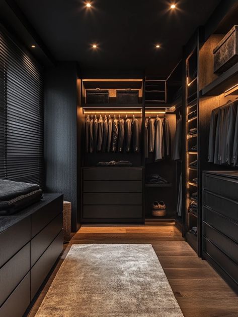 Black Walk In Closet, Mens Walk In Closet, Black Dressing Room, Small Walk In Wardrobe, Hogwarts Bedroom, Exterior Paneling, Small Bedroom Wardrobe, Dark Closet, Small Walk In Closet