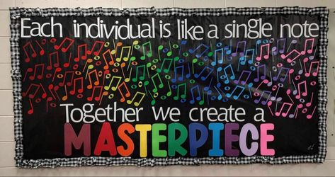 Each individual is like a single note, Together we create a Masterpiece.” Art And Music Bulletin Board, Music Classroom Bulletin Boards Cute Ideas, Chorus Room Decor, Middle School Music Bulletin Boards, Music Makes Life Colorful, Music Displays Classroom, Music Room Bulletin Board Ideas, Choir Bulletin Board Ideas, Elementary Music Classroom Decor Themes