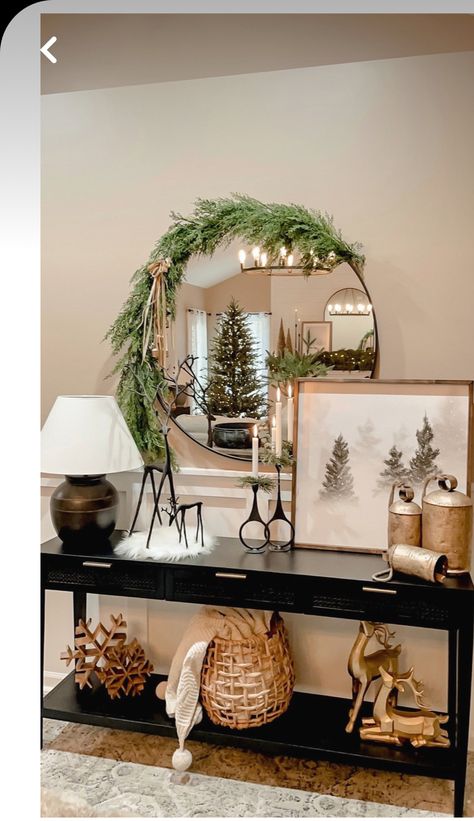 Christmas Decor On Buffet Table, Holiday Sideboard Decor, Trending Christmas Tree Decor 2024, Small Entryway Table Christmas Decor, Christmas Decor Ideas Tv Console, Round Mirror Christmas Decor Ideas, Dining Room Buffet Christmas Decor, Christmas Sideboard Decorating Ideas, Christmas Decor For Console Table