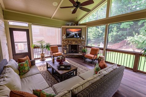 Add A Screen Porch with Fireplace-Alpharetta | AD&B Comfy Living Room Decor, Back Porch Designs, Porch Design Ideas, Screened Porch Designs, 3 Season Room, 4 Season Room, Four Seasons Room, Porch Fireplace, Three Season Room