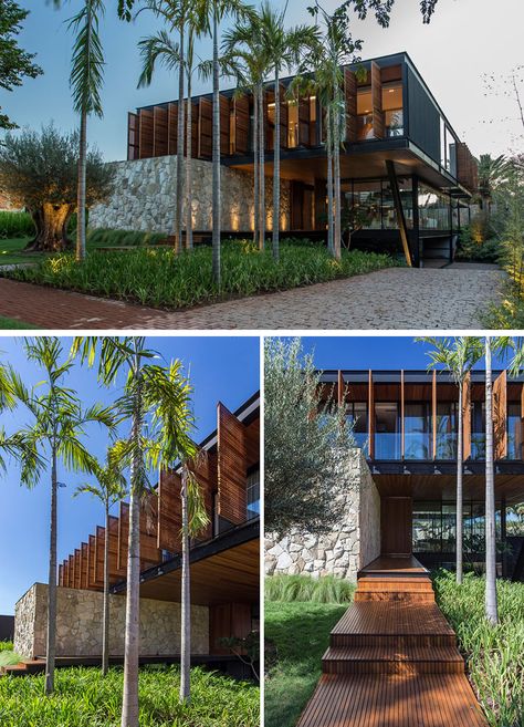 This Modern Tropical Home Floats Above A Base Of Stone And Glass Tropical Lanai, Modern Tropical Home, Duplex Ideas, Modern Glass House, Glass House Design, Urban House, Wood Path, Contemporary Houses, Modern Tropical House