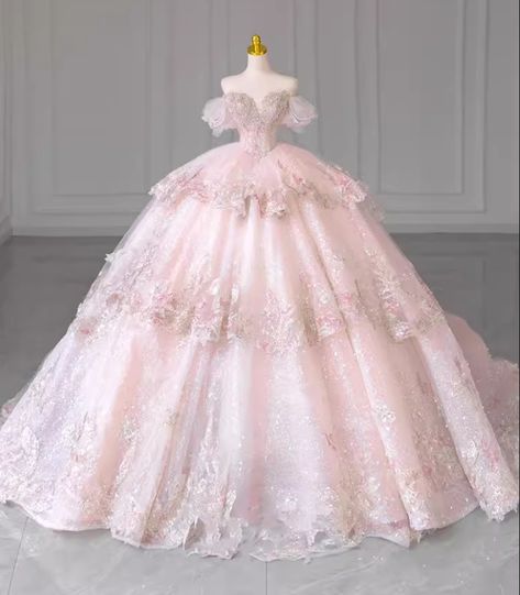 Ball Gown Pink Wedding Dresses Lace Appliques Tiered Quince Dresses Not Puffy, Quince Dress With Train, Princess Ballgown Dress, Blush Pink Wedding Dress Ballgown, Pink A Line Wedding Dress, Disney Princess Quinceanera Dresses, Pink Princess Ball Gown, White Pink Wedding Dress, Quinceañera Dresses Pink